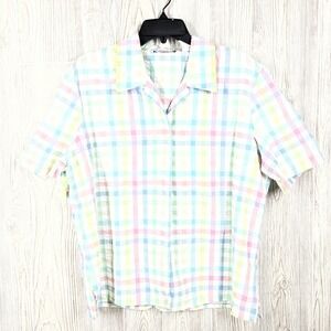 WOMENS TAN JAY PETITE Size 14 PASTEL BLOUSE DESIGN BUTTON UP SHORT SLEEVE